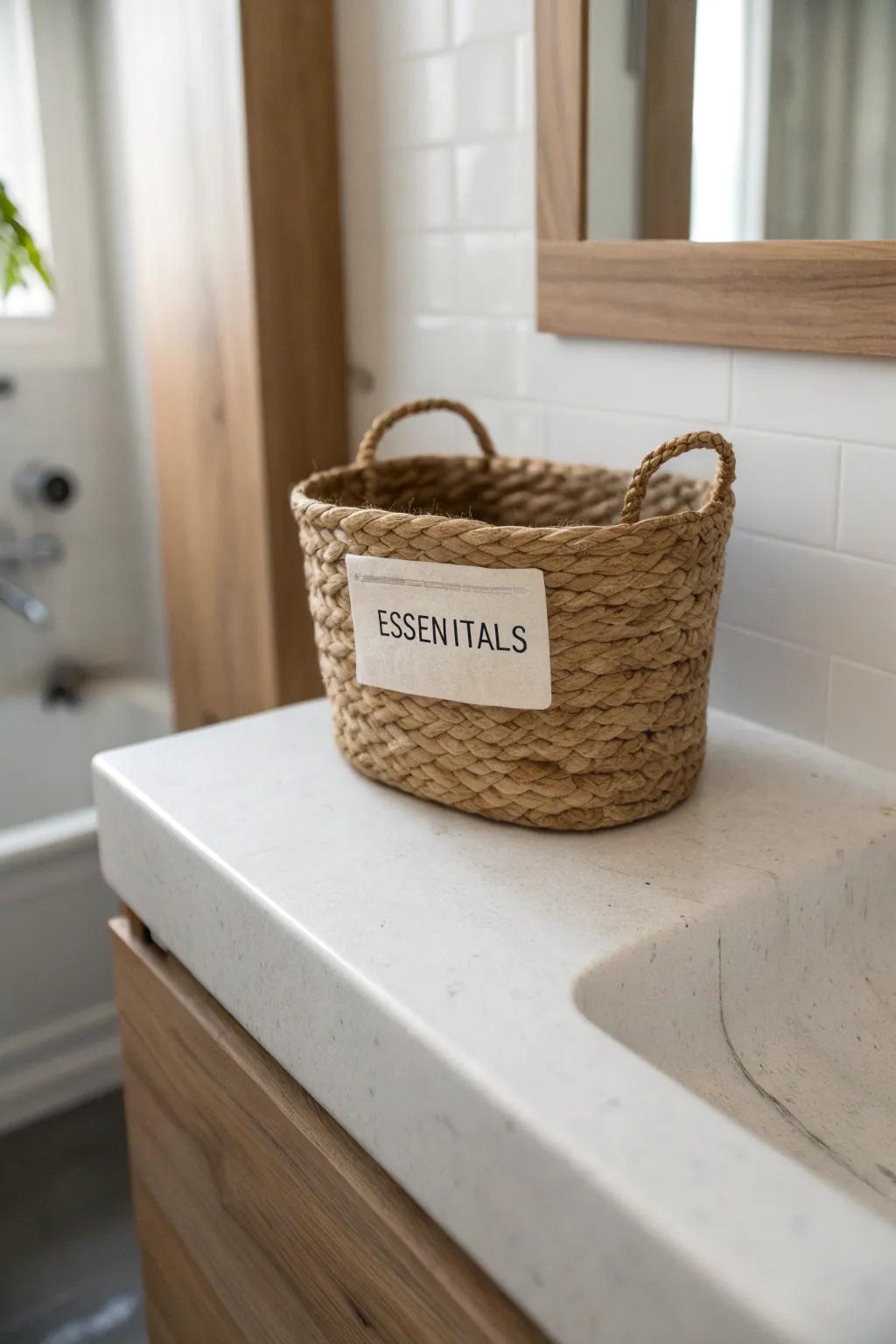 A labeled woven basket keeps a tiny half bath calm—no loose items, ever—just mini zones.
