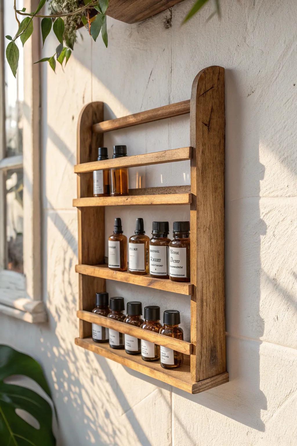 Vintage spice rack turned micro storage—perfect for tiny bottles in small bathrooms or craft nooks.
