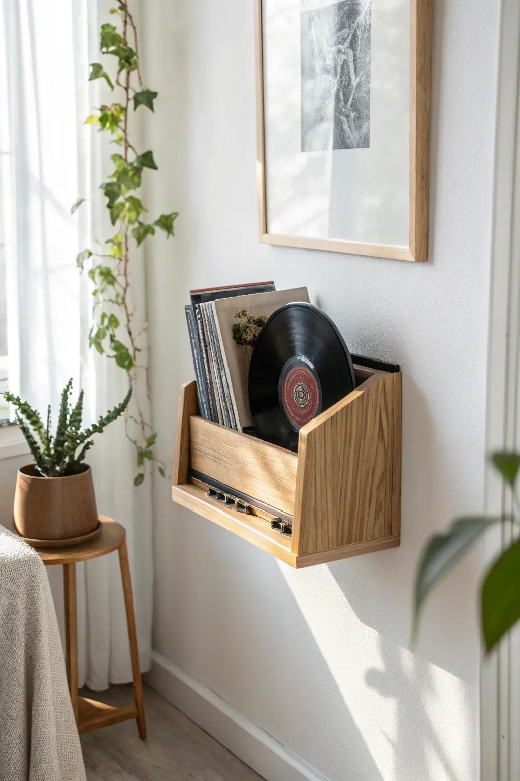 A rotating vinyl display turns an awkward corner into a serene, minimalist listening nook.
