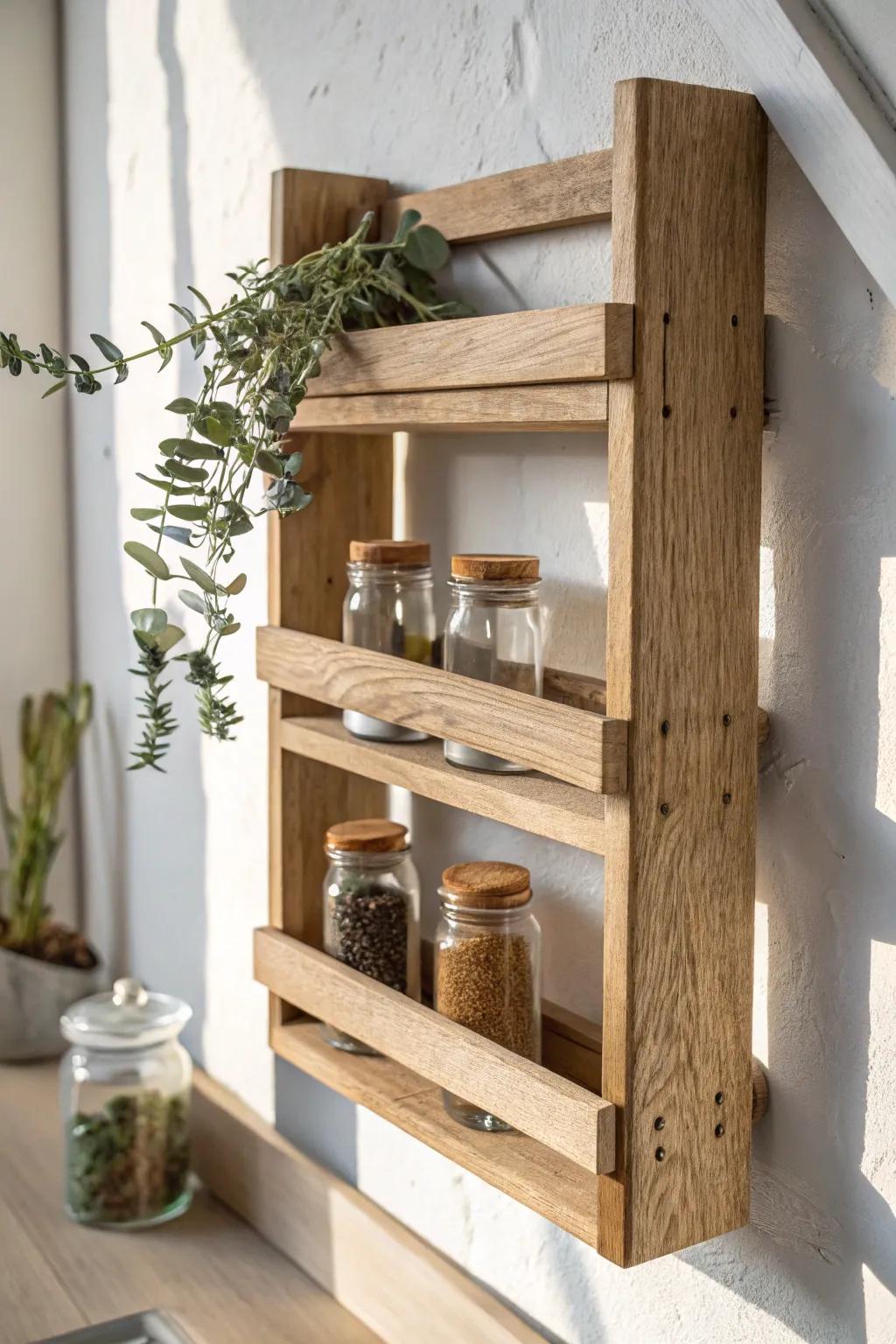 Slim DIY pallet spice rack: shallow shelves save space and keep spices within easy reach.