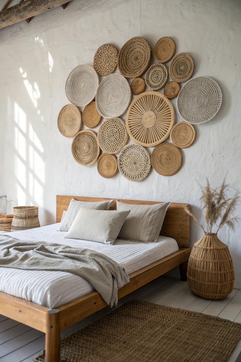 Wall baskets as a soft, textural “headboard” for a light, styled look in small bedrooms.