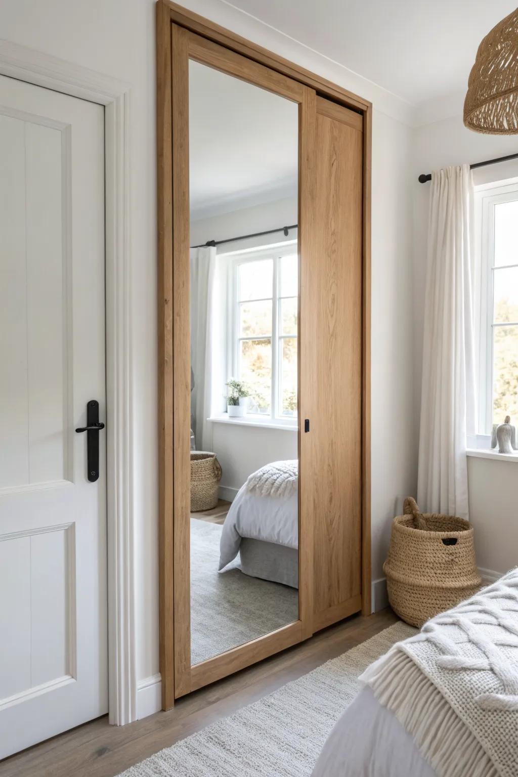 A full-length mirror panel turns a wall closet into a bright mini dressing nook.