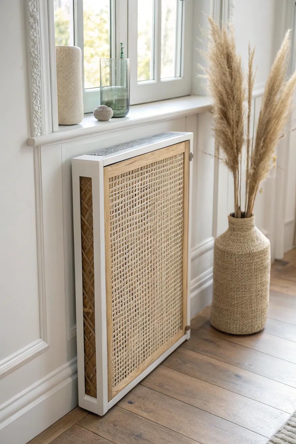A removable cane-panel heater cover that lifts off easily—clean, renter-friendly, and chic.