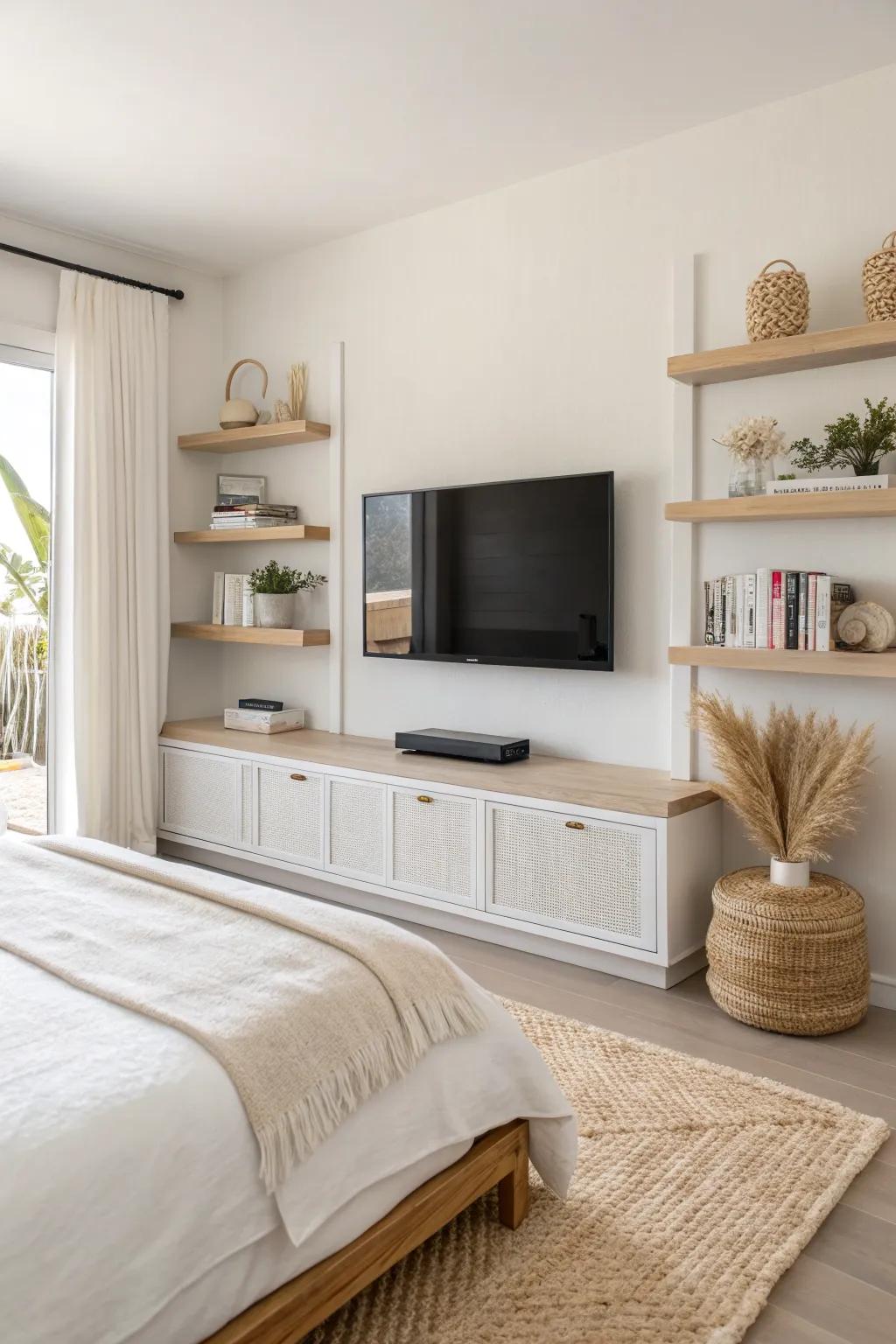 Fake a built-in media wall: mount the TV and flank it with matching shelves for storage.