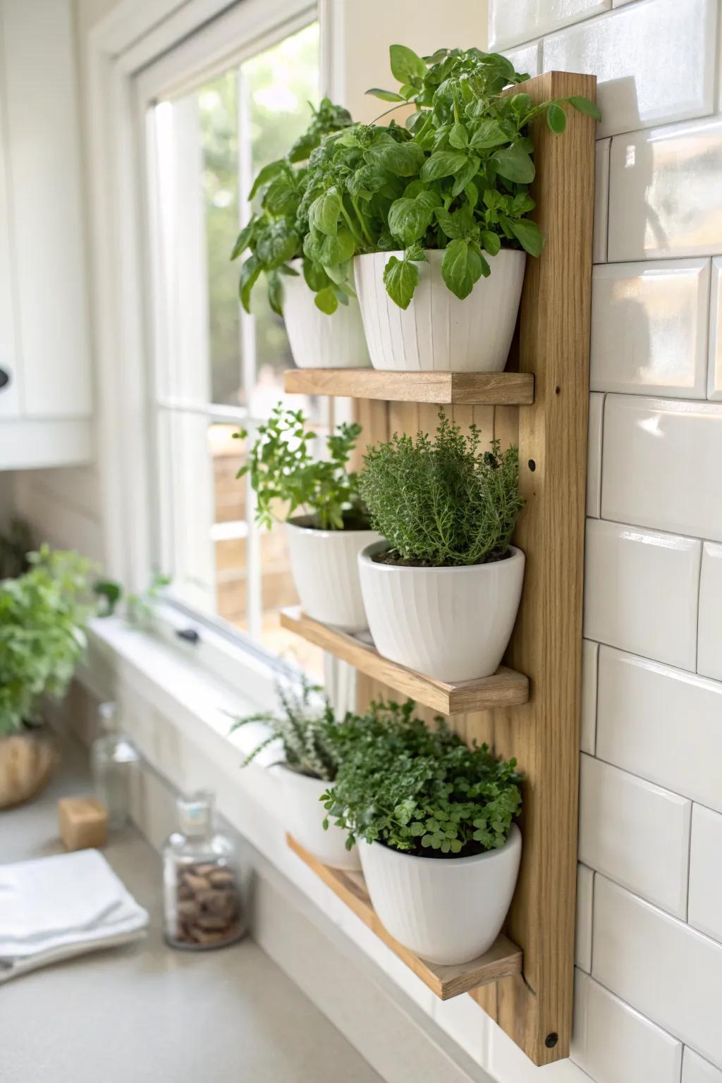 A sleek wall herb garden keeps counters clear—fresh, fragrant greens right by your prep area.