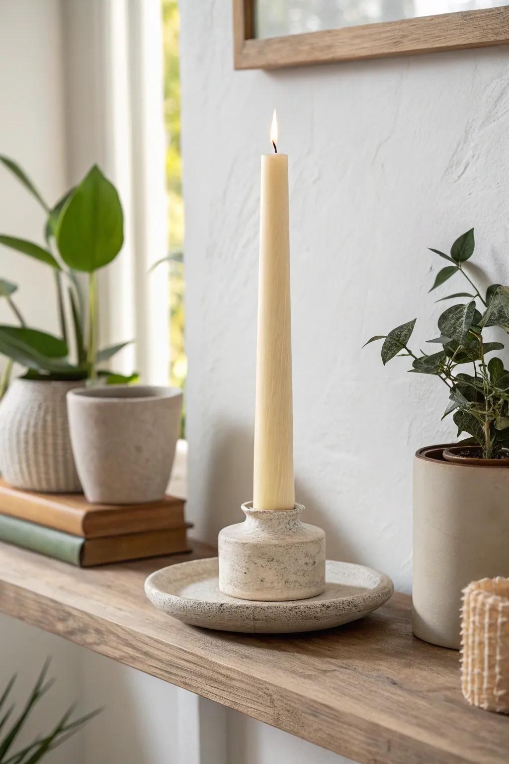 A single sculptural candle adds cozy warmth and height—simple, styled, and never sparse.