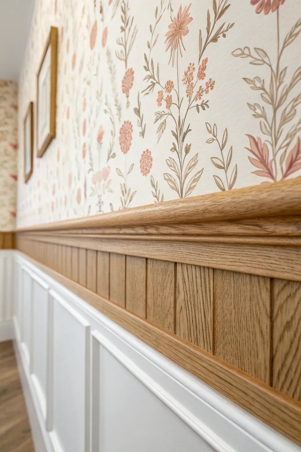 Wallpaper above a chair rail feels framed and classic—perfect for calming a long hallway.