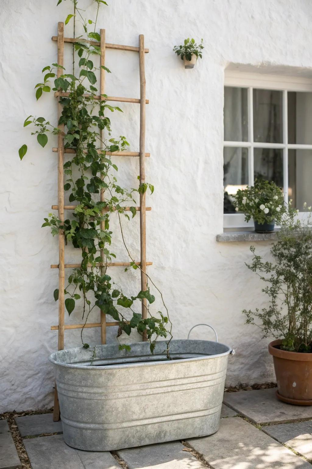 Minimal trough + wooden trellis—train climbers upward for more greenery and privacy in small spaces.