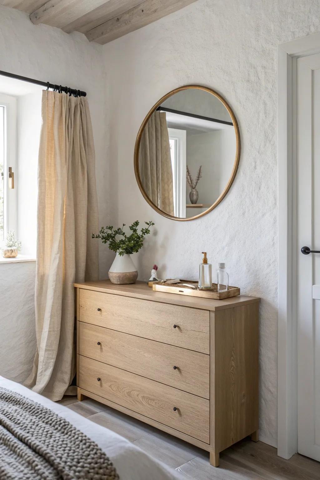 Round mirror + slim shelf above the dresser—airy, practical, and beautifully minimal.