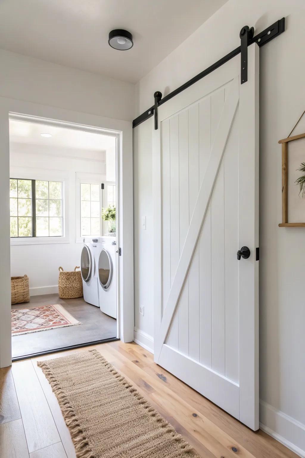 A crisp white barn door that neatly hides a tiny laundry nook—minimal, bright, and calm.