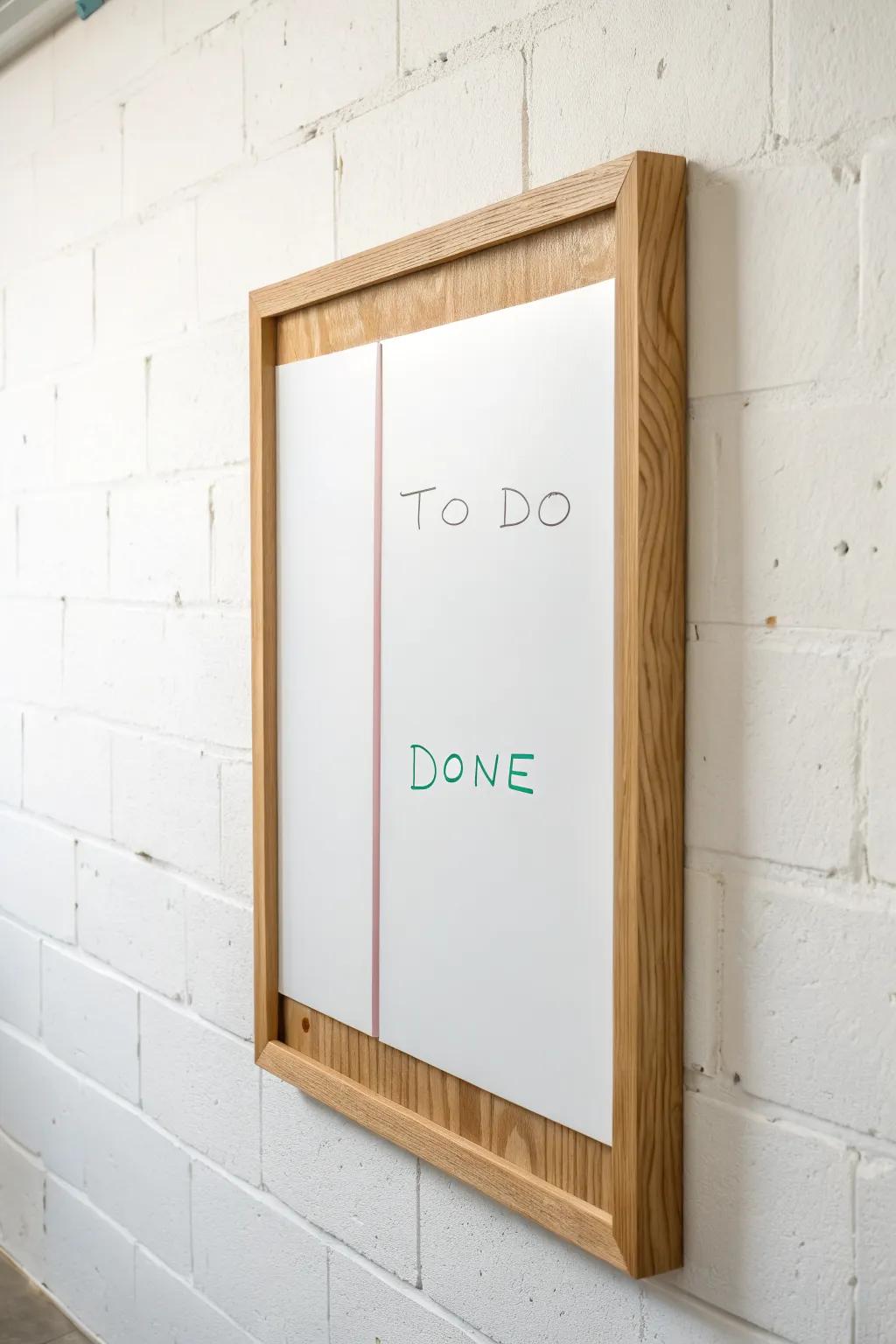 Two simple columns—To Do and Done—turn a whiteboard into a motivating small-space system.