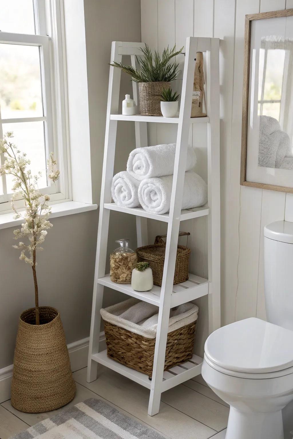 Spa-like bathroom white shelves: towels, a woven basket, and a simple vase—clean and calm.