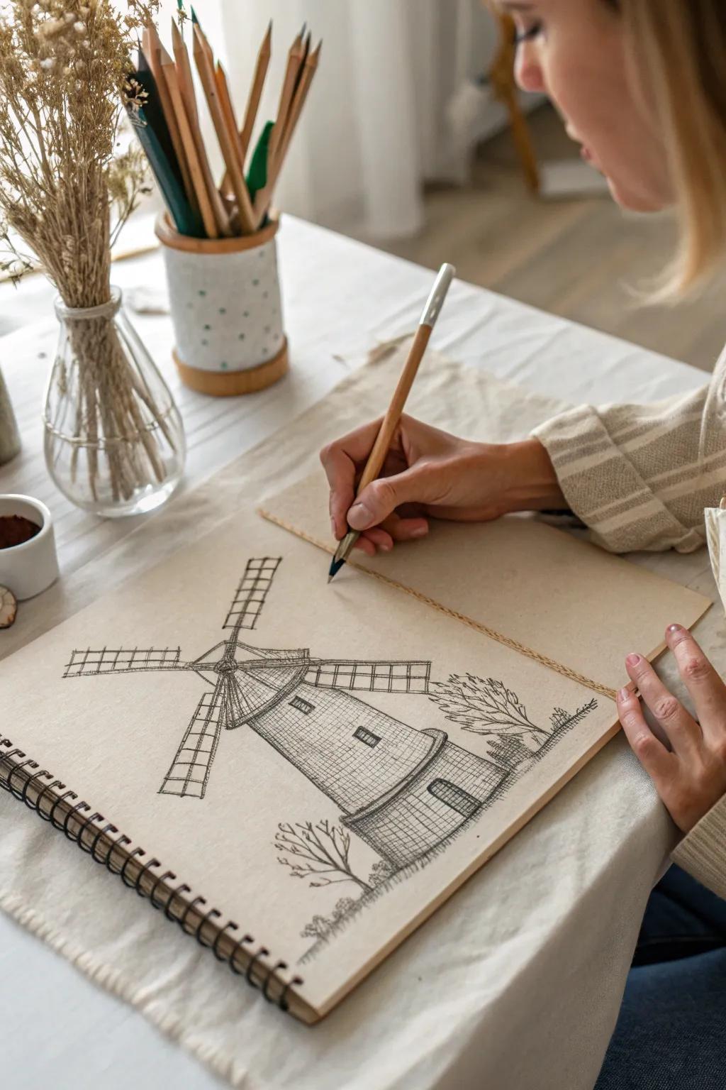 Witness the elegance of creation: A windmill comes to life through the artist's touch.