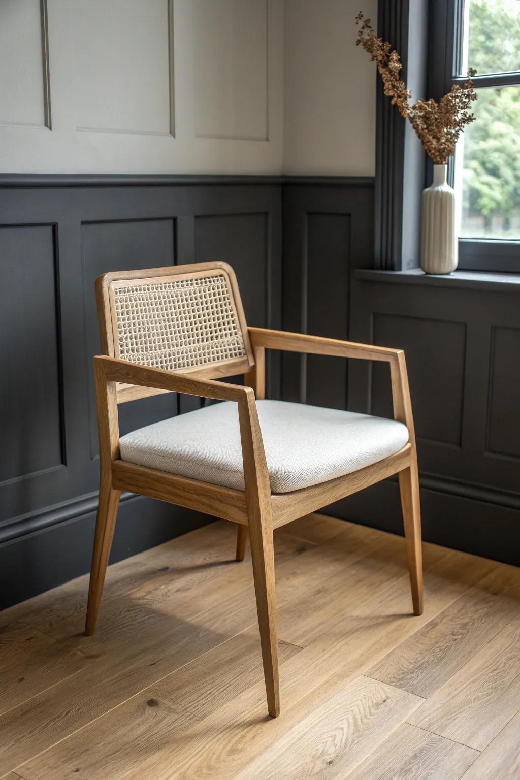 Slim open-leg chair in light oak makes a windowless office feel airy, not cramped.