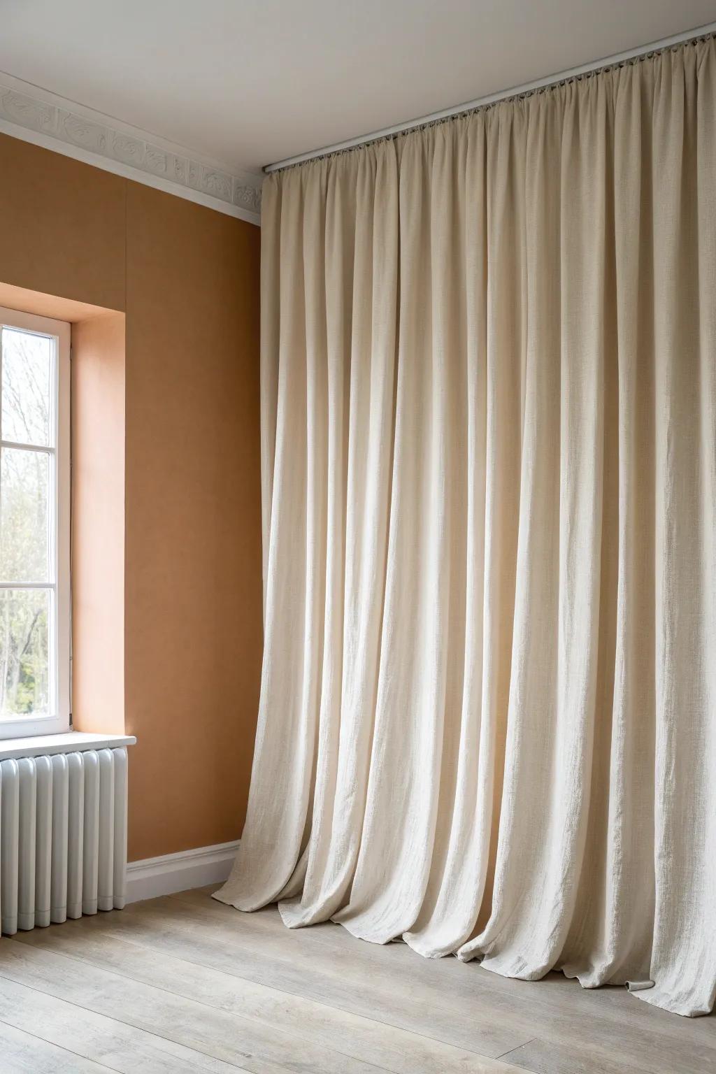 Ceiling-to-floor linen curtains mimic a hidden window, adding depth and cozy softness.