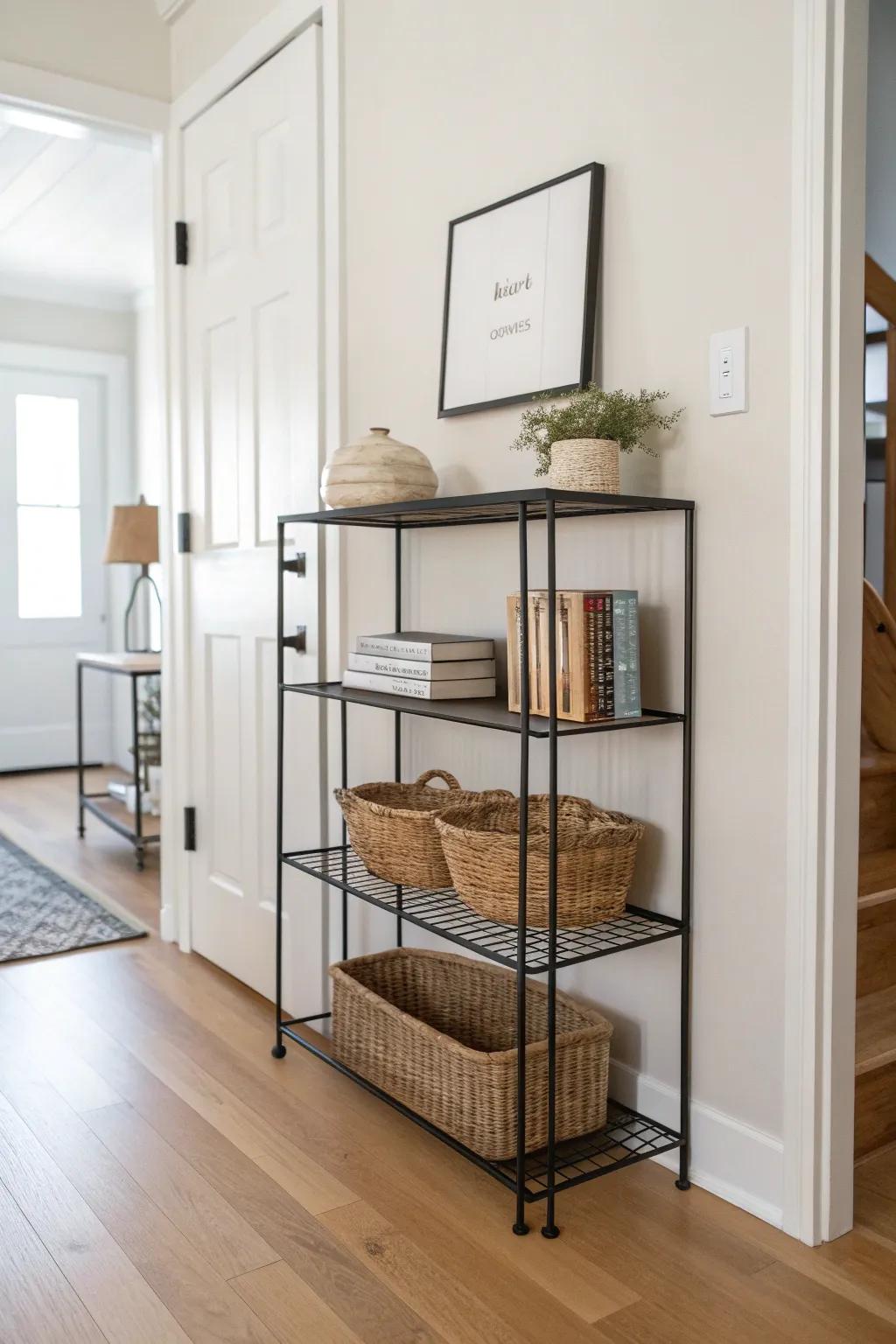 Wire bookshelf entryway drop zone—keys, mail, baskets, and books in calm minimalist style.