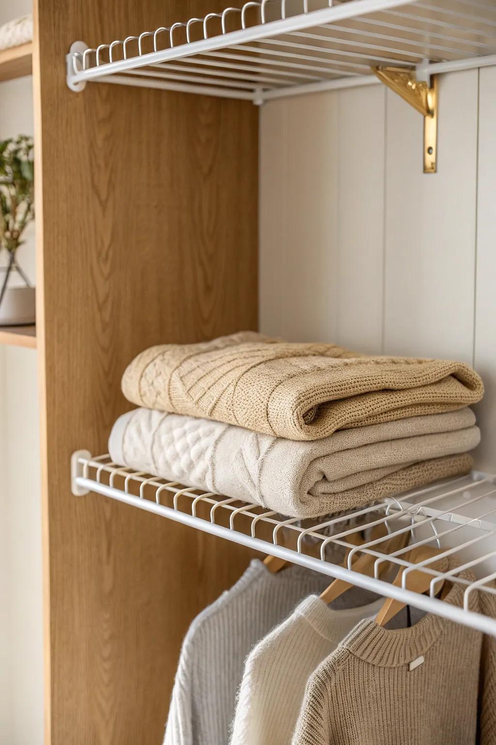 Add one extra wire shelf at eye level for a tidy “sweater floor” in a small closet.