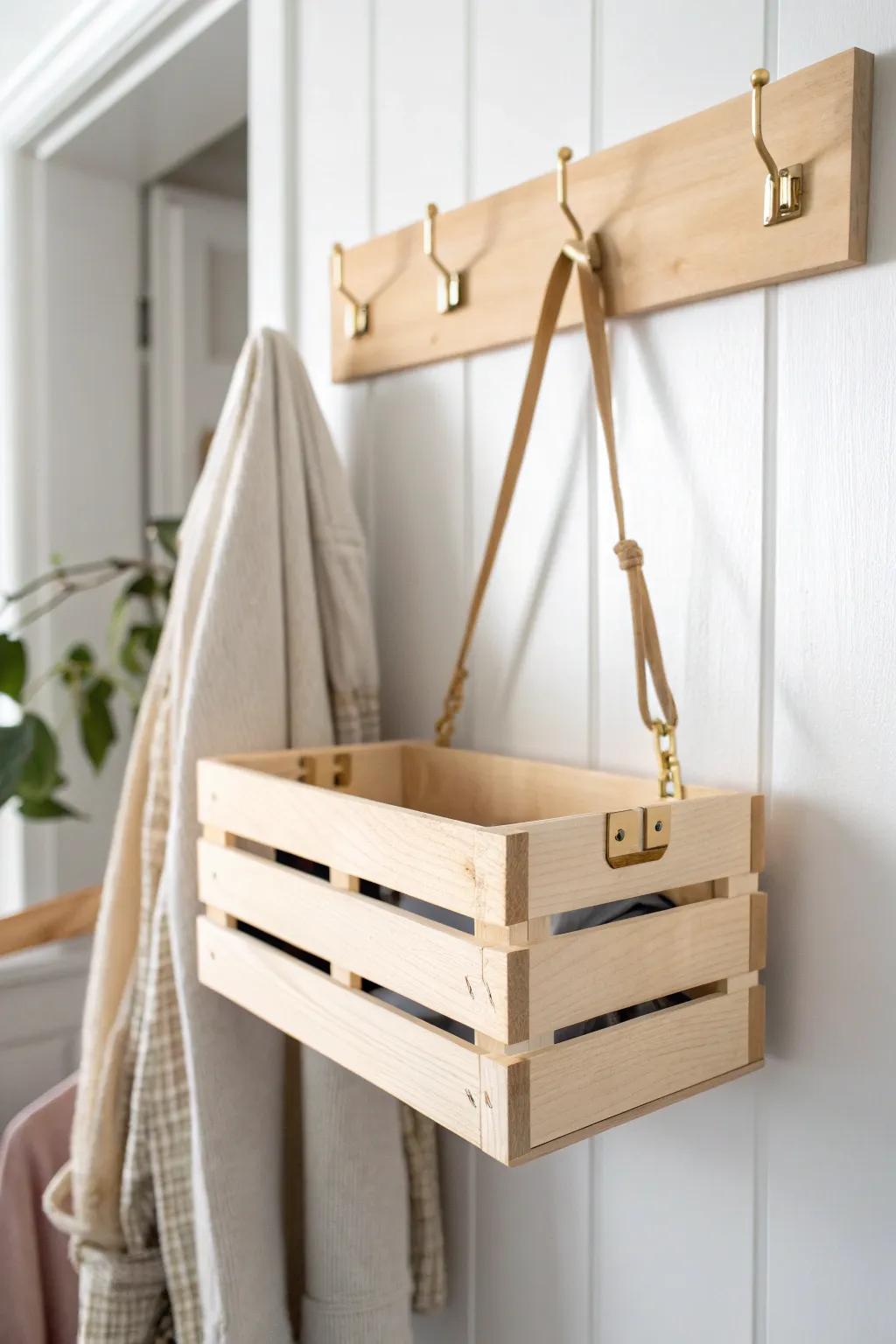 Tiny-closet upgrade: a hanging wood crate shelf for handbags and folded tees—pretty & practical.
