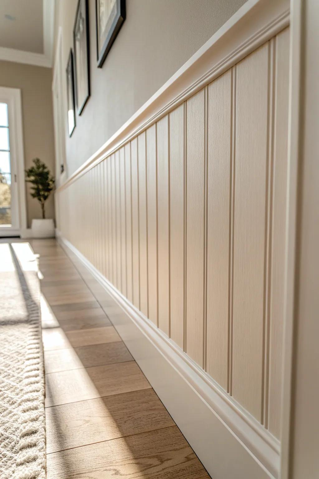 A simple trim rail + one paint color turns dated wood paneling into chic wainscoting fast.