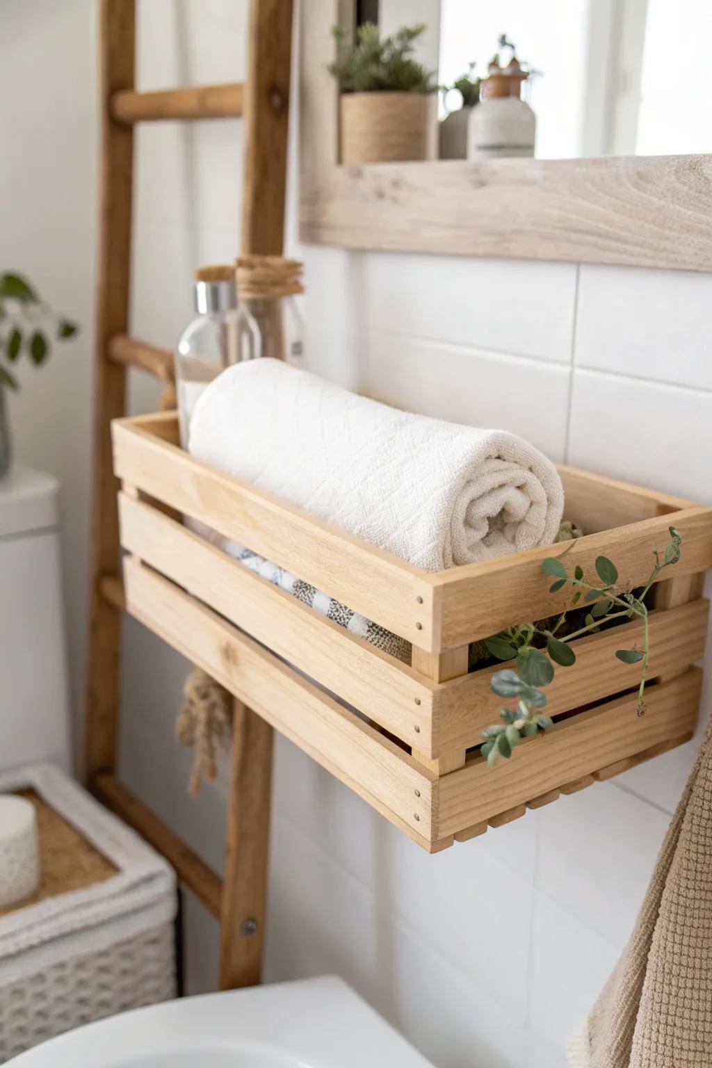 Wall-mounted wooden crate shelf: a slim, stylish spot for towels in a tiny bathroom.