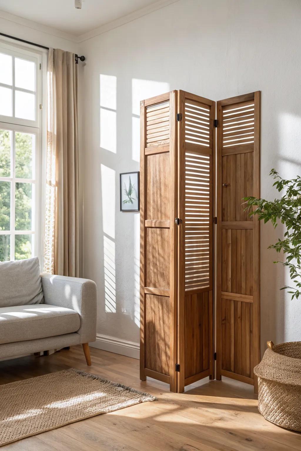 Pivoting wood louvers: adjustable privacy with airy light—perfect for hiding desk clutter in small spaces.