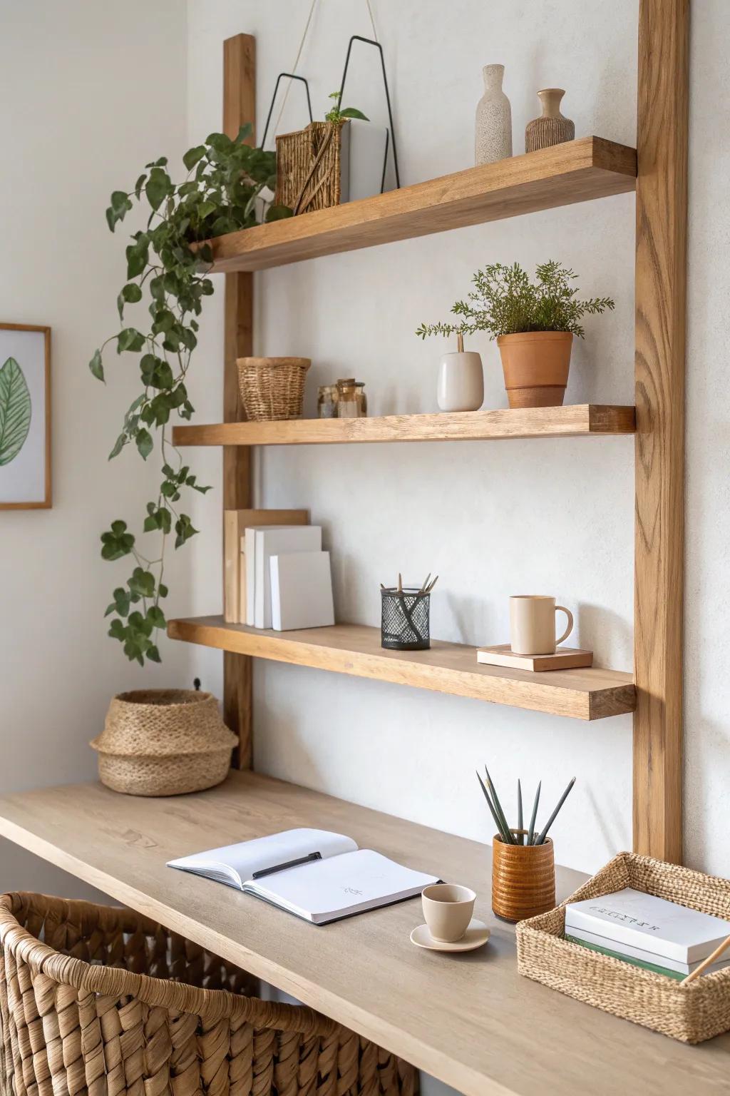 Vertical wall shelves keep a tiny WFH desk clear—store essentials and style a few pretty pieces.