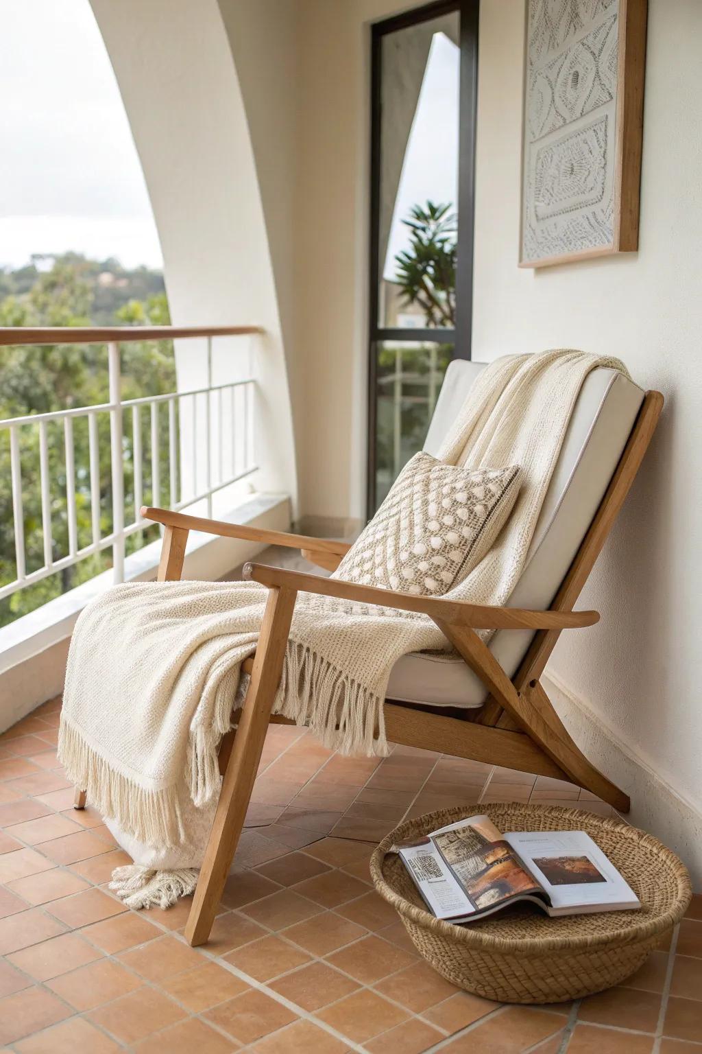 A cozy reading chair tucked into the wraparound balcony turn—calm, bright, and minimal.