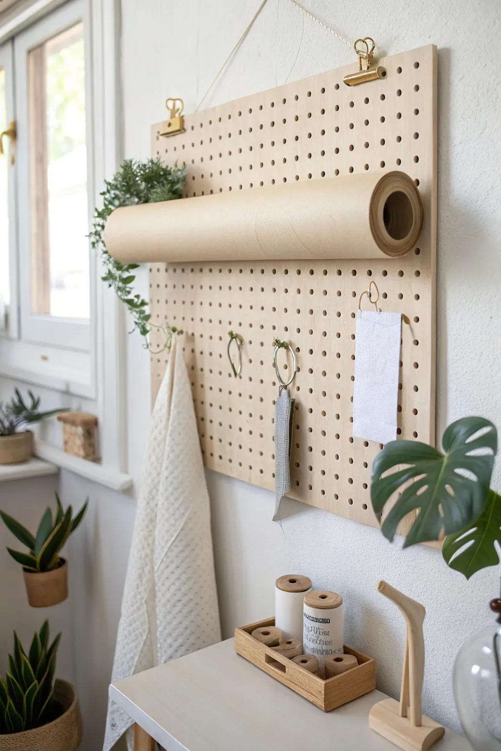 Pegboard gift wrap wall: a small-space storage idea that keeps wrapping paper tidy and beautiful.