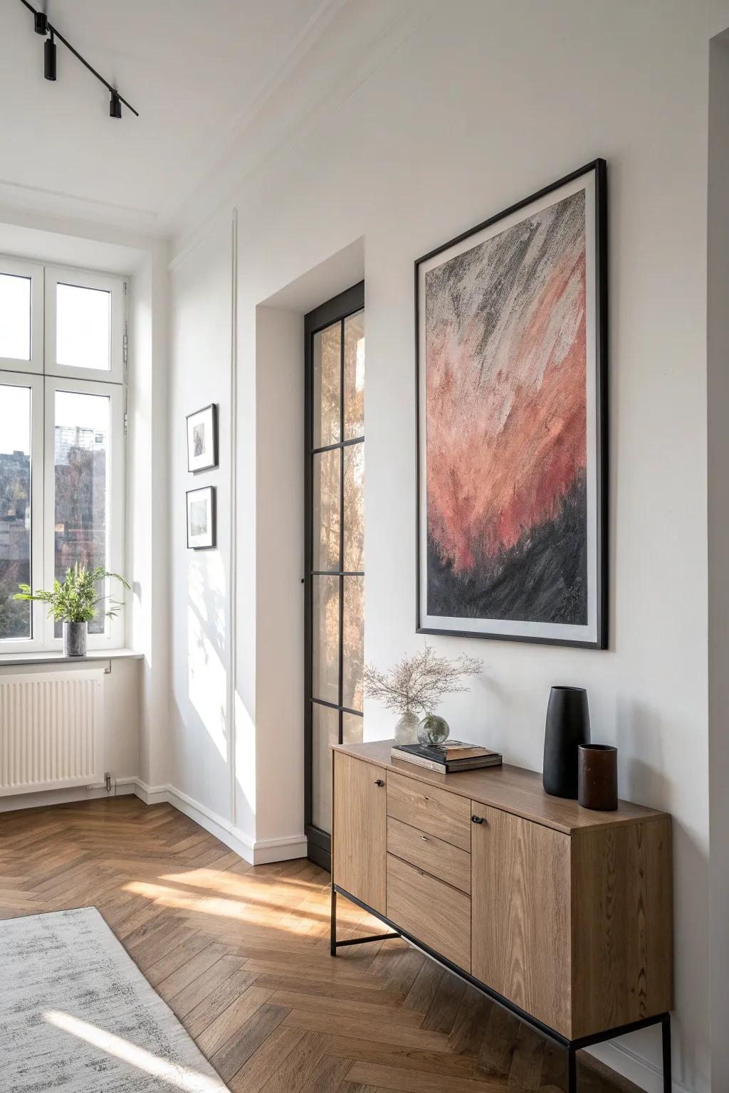 One oversized art piece makes a 1-bedroom feel calm and polished—big, intentional, clutter-free.