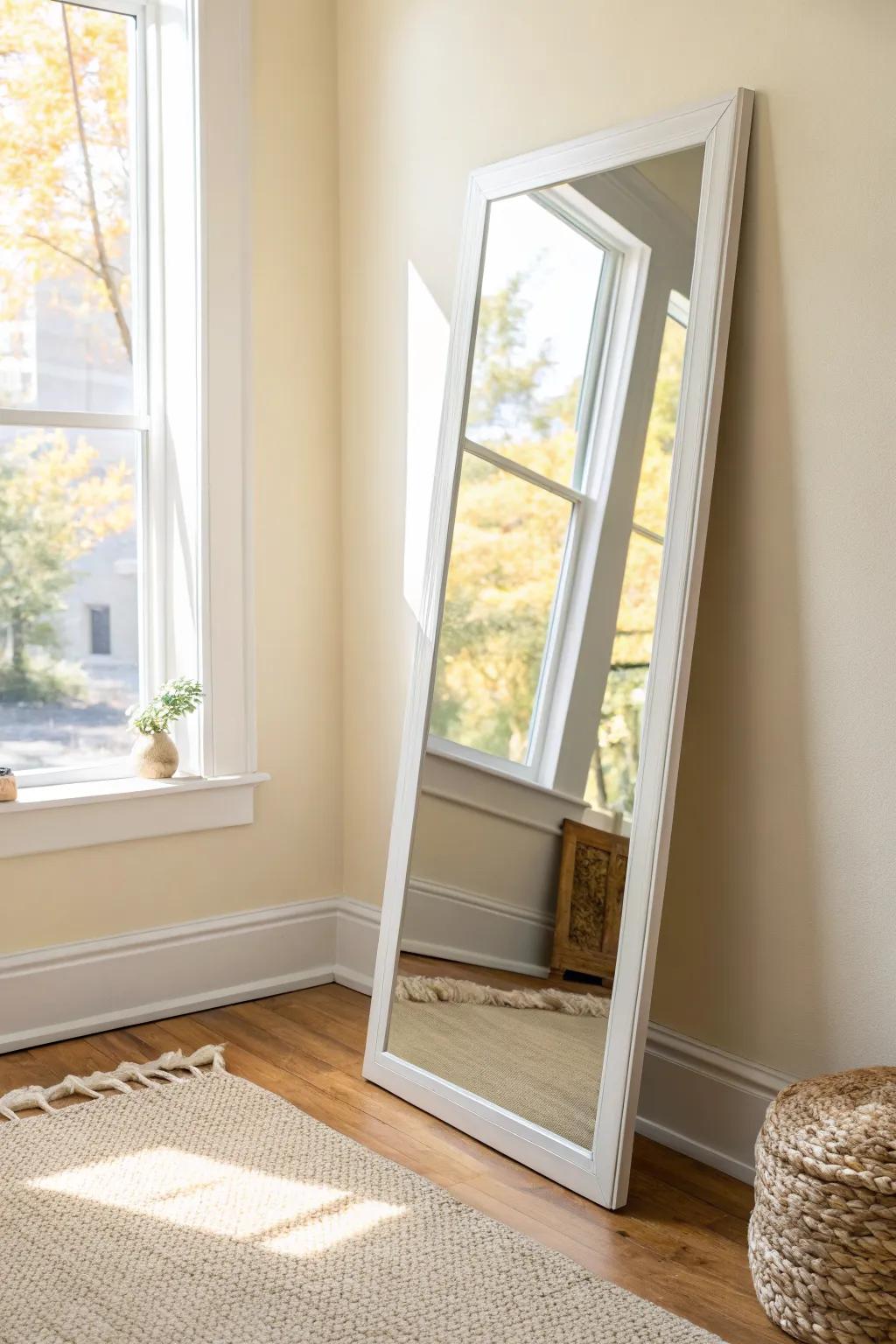 An oversized mirror opposite the window makes a small condo feel twice as bright and open.