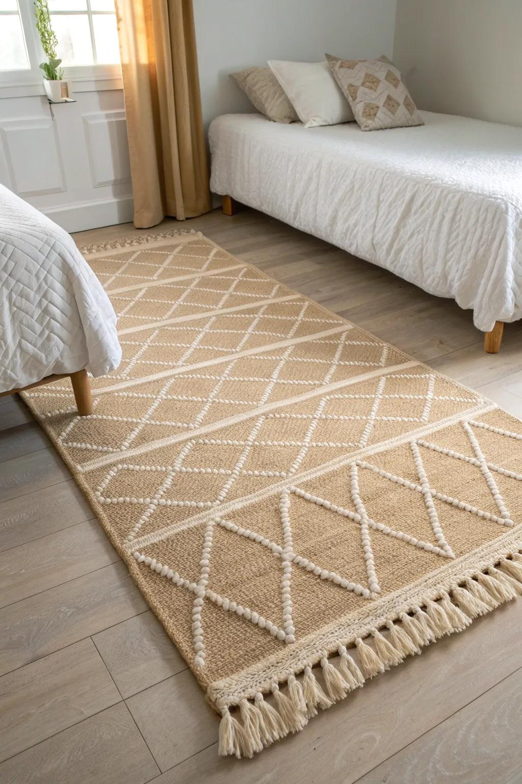 One oversized rug instantly makes two beds feel cohesive—calm, intentional, and styled.