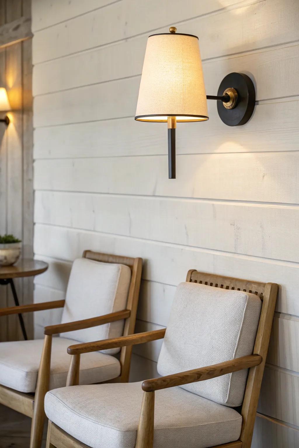 One plug-in wall sconce lights two cozy chairs—custom look, zero floor clutter, perfect for small nooks.