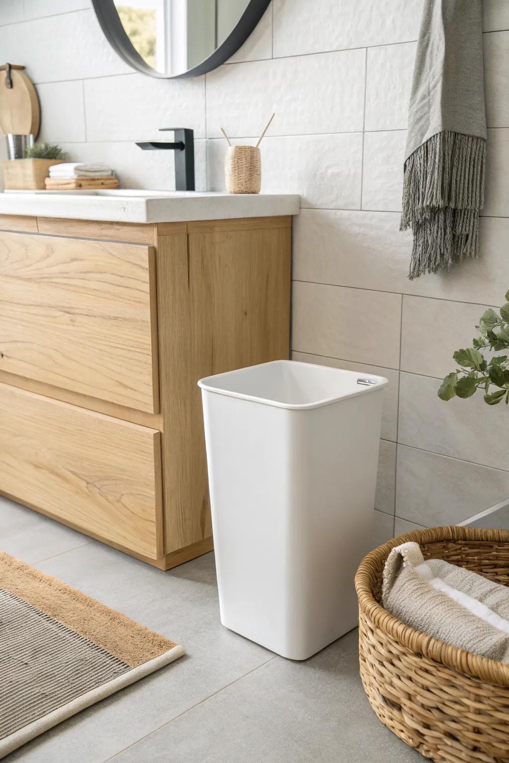 Turn a 5-inch vanity gap into a hidden slim trash can zone—clean, calm, and clutter-free.