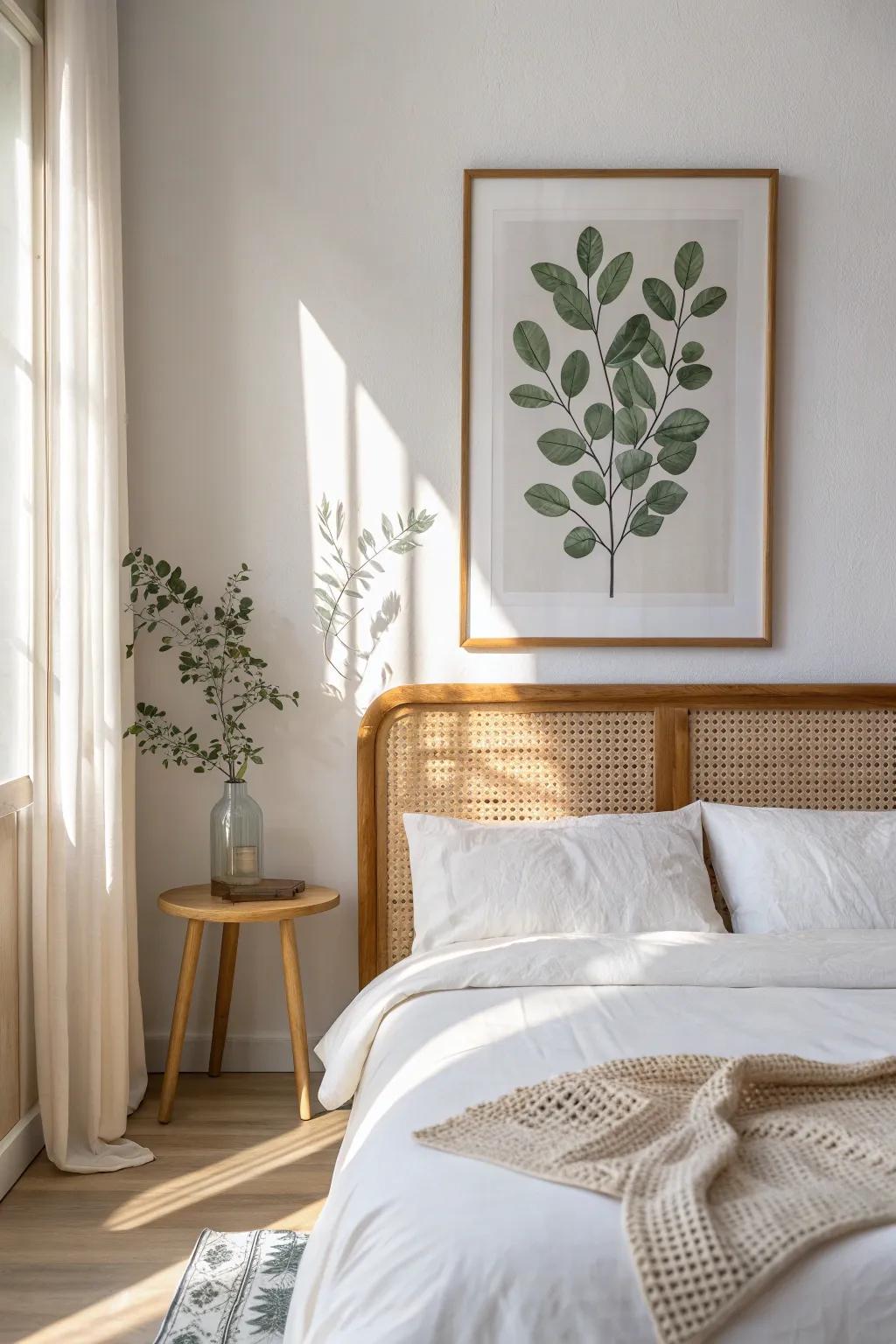 A single oversized botanical print above the bed brings calm, cohesive color to any bedding.