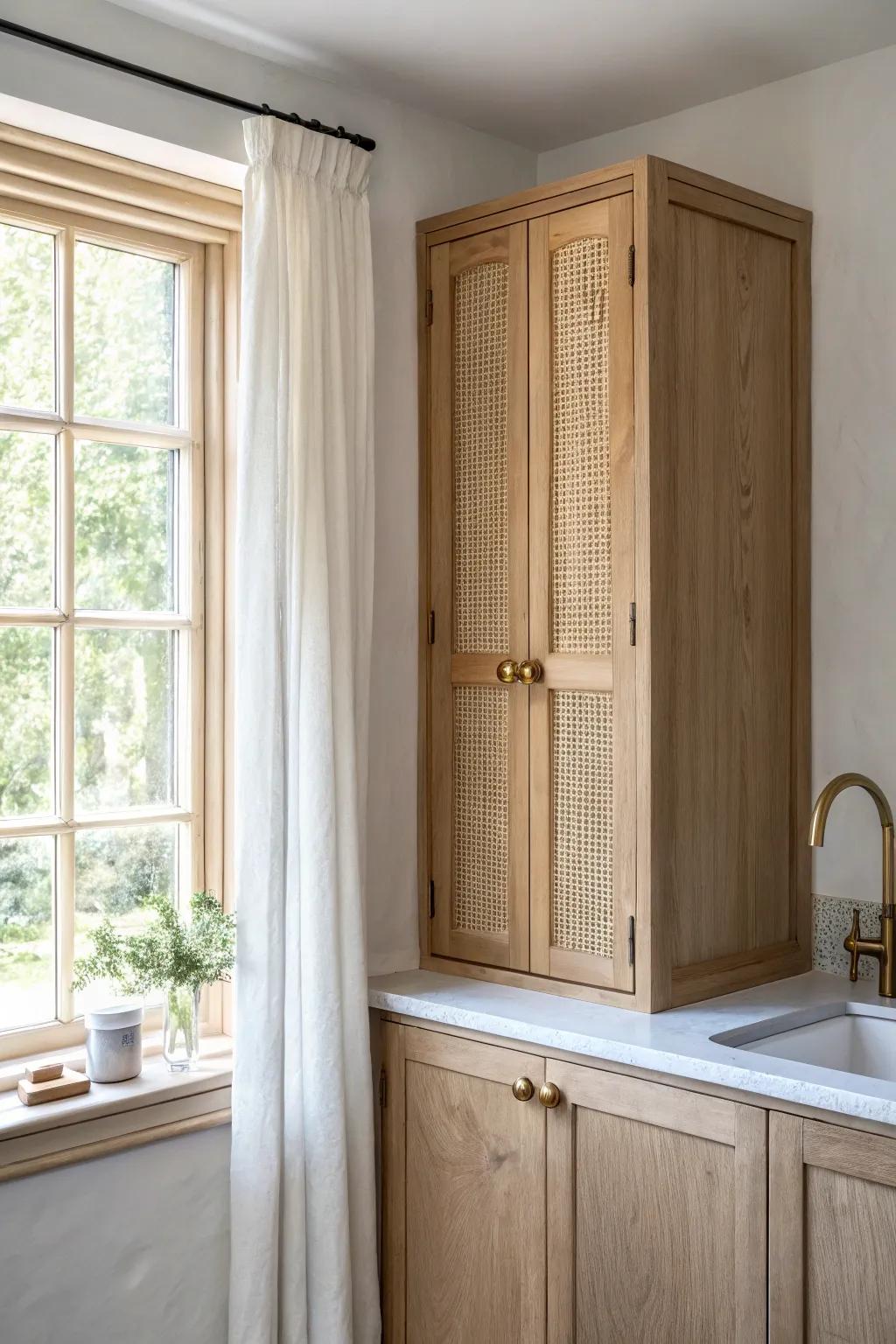 A slim side cabinet frames the sink window—airy light, balanced storage, rental-friendly.