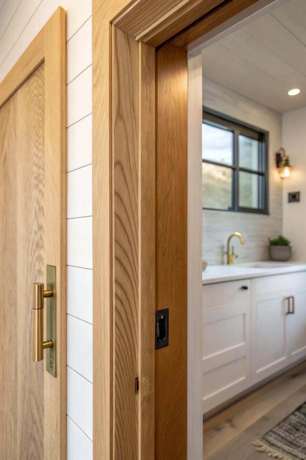 Save space in your ADU bathroom with a sleek pocket door—minimal, warm, and beautiful.