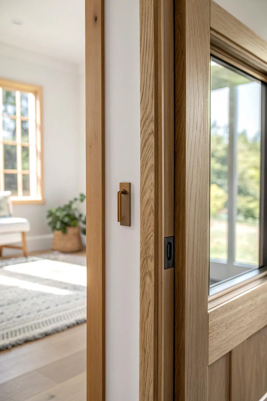 A slim oak pocket door saves precious ADU floor space—minimal, warm, and beautifully crafted.