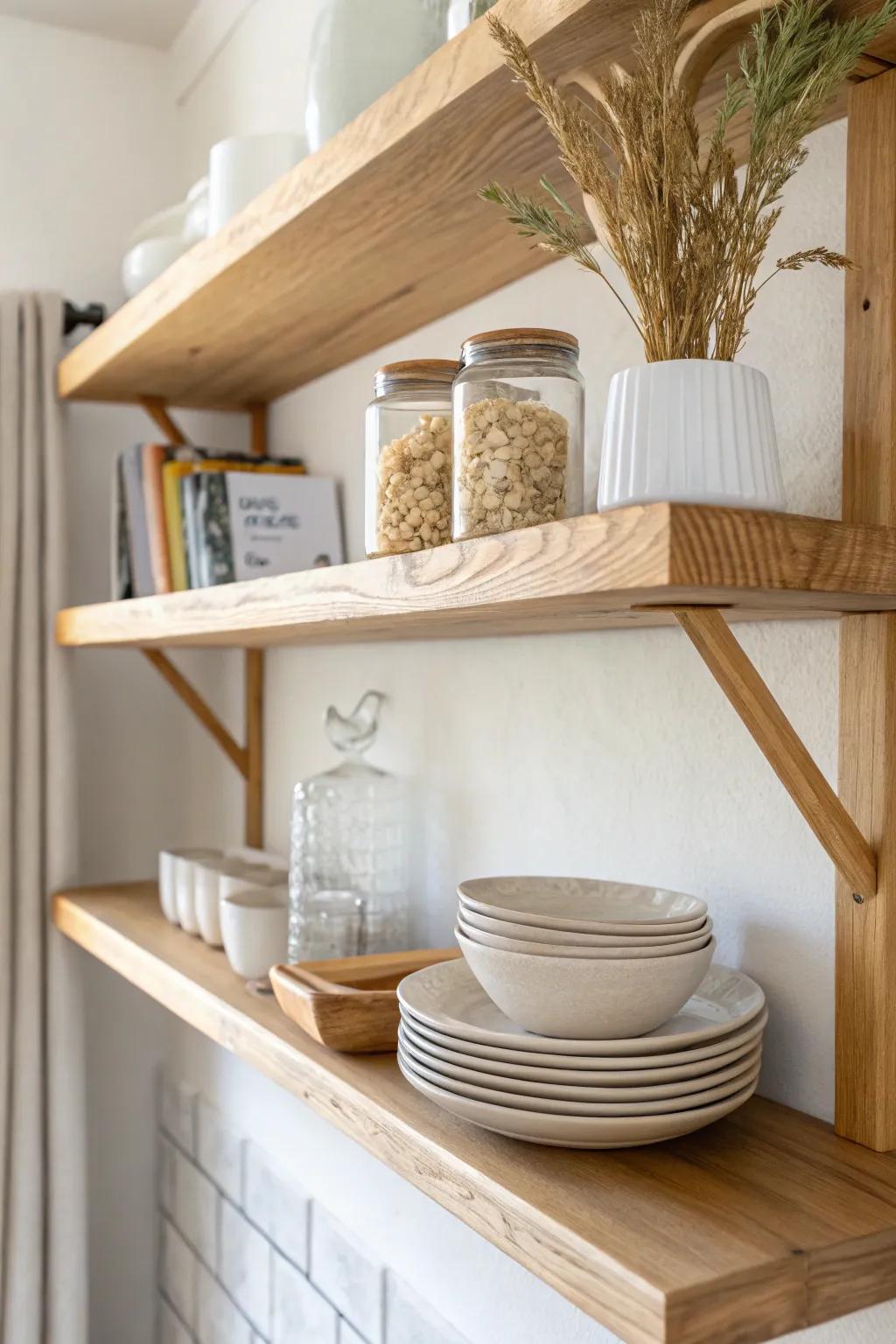 Two curated open shelves: everyday dishes + one pretty jar for a calm, clutter-free ADU kitchen.