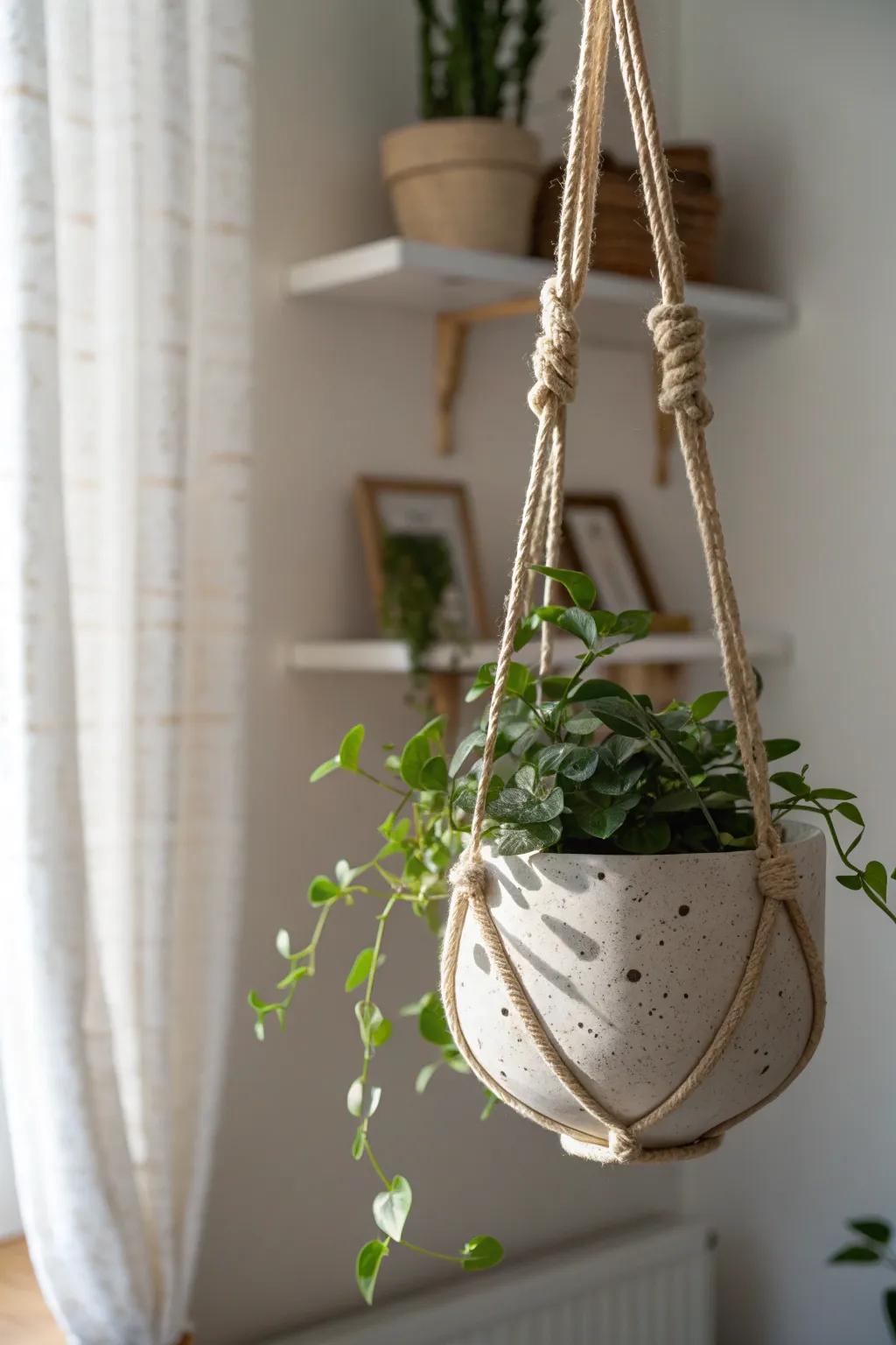 Dorm-friendly greenery: a calming hanging planter look with zero maintenance stress.