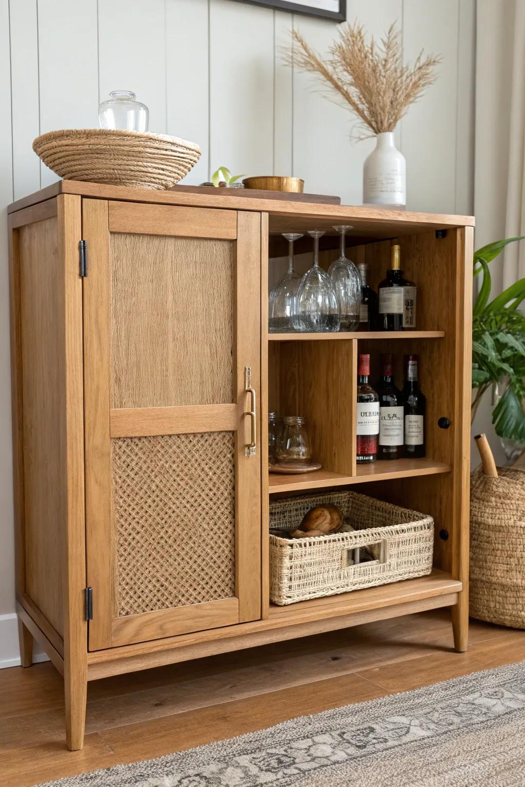 Turn a compact dining buffet into a sleek bar cabinet—bottles tucked away, tools in a woven basket.