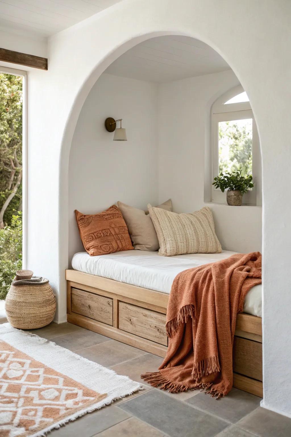 A cozy alcove daybed that doubles as a lounge nook by day and a bed by night.