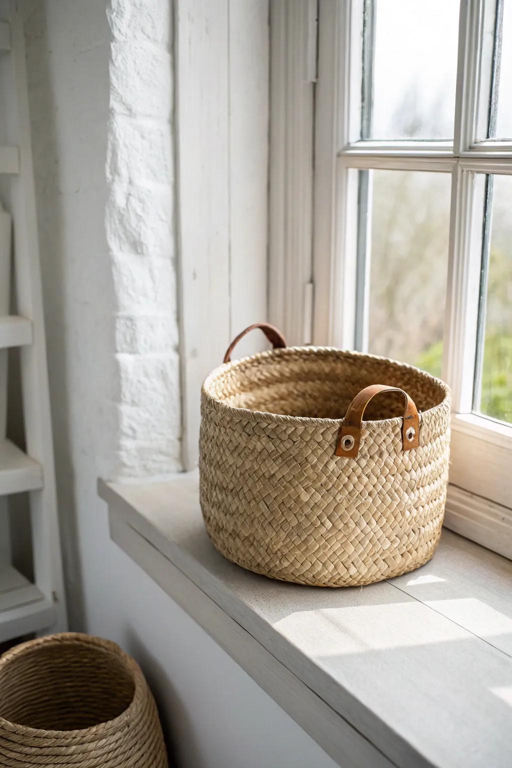 Tuck a handwoven basket into the lower alcove shelf for a 5‑minute living room reset.