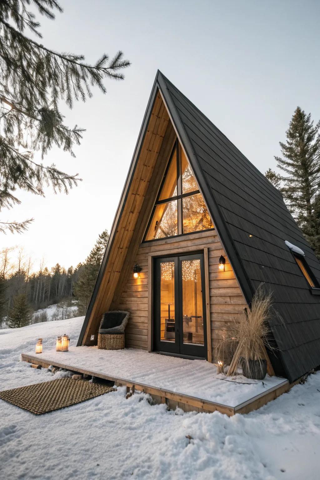 A-frame cabin dreams: steep roof, warm glow, and tiny-space coziness for weekend escapes.