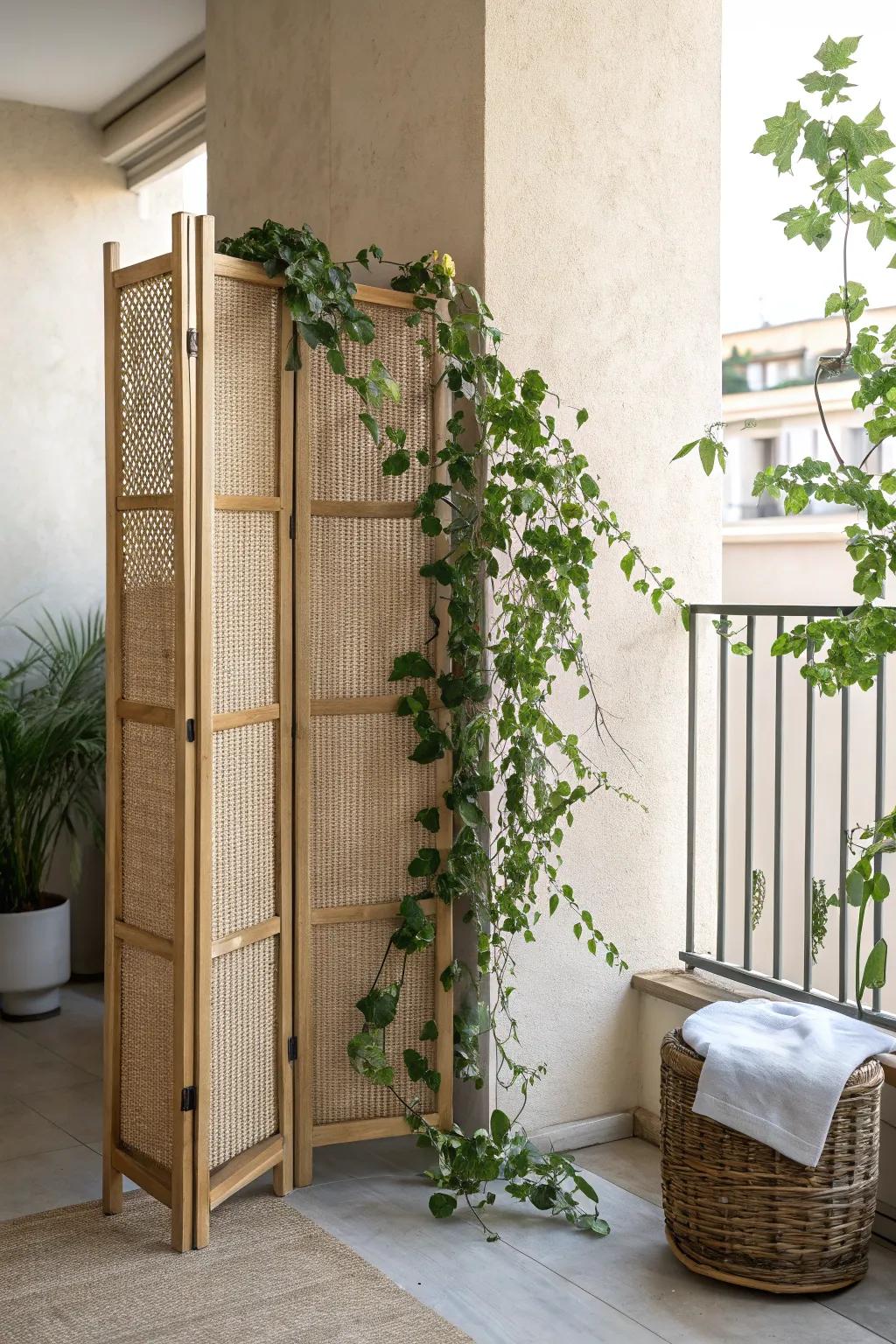 Turn a tiny balcony into a calm retreat with a greenery-wrapped privacy screen.