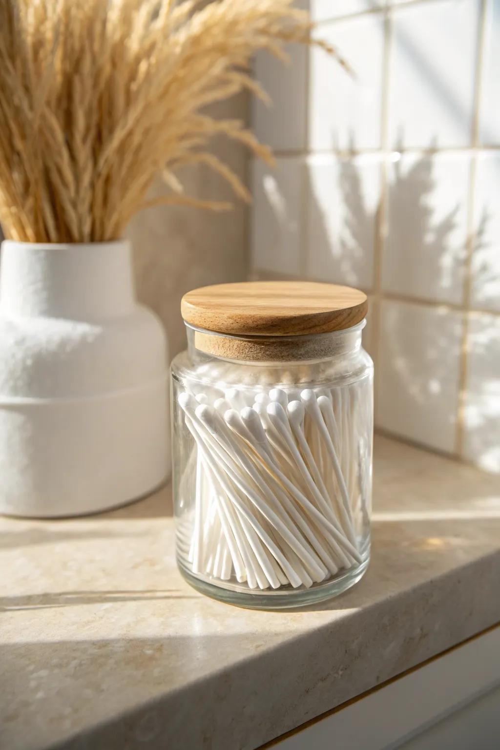 Uniform glass jars instantly calm a small bathroom—decant essentials for a serene, tidy shelf.