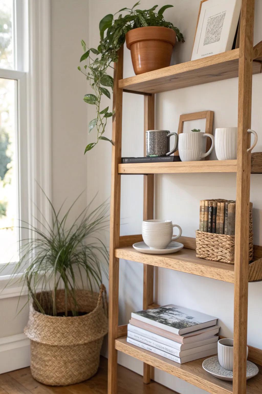 Open shelving, styled not cluttered: books, baskets, and a little greenery in calm zones.