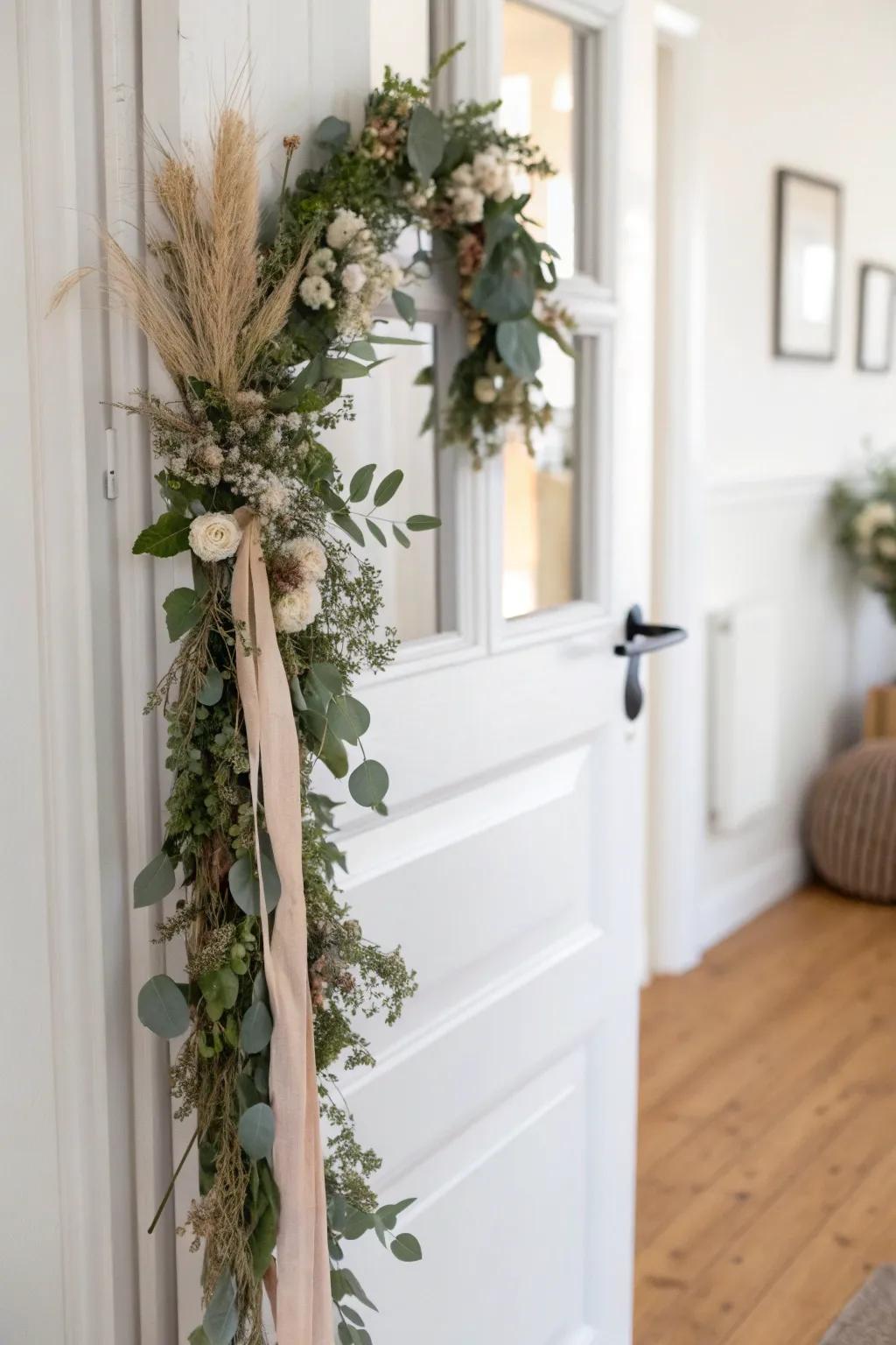 A slim eucalyptus garland on removable hooks adds holiday charm—no damage, no hallway clutter.