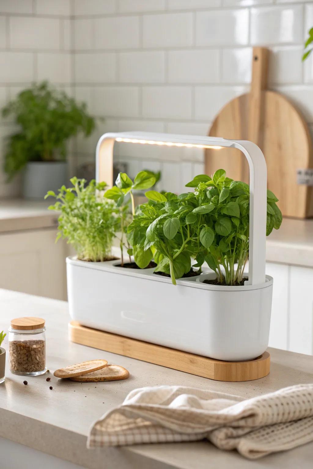 A tidy countertop hydroponic corner—fresh herbs fast, no soil, perfect for small apartments.