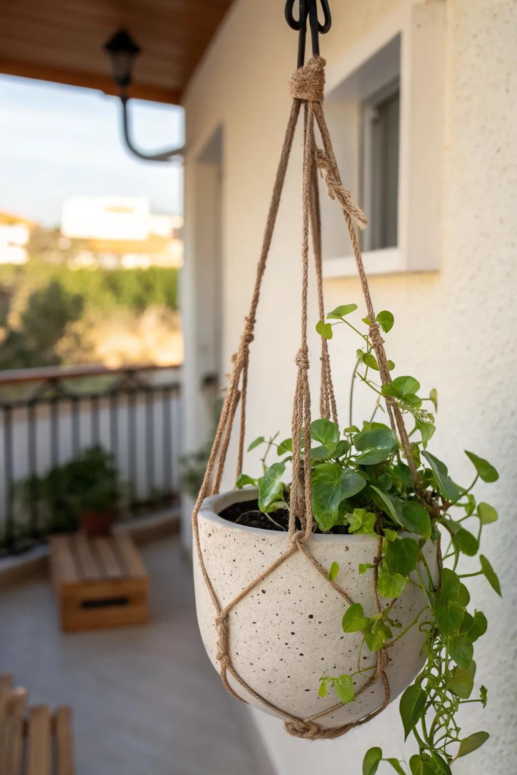 Budget-friendly hanging planter that adds lush greenery while keeping patio floor space open.