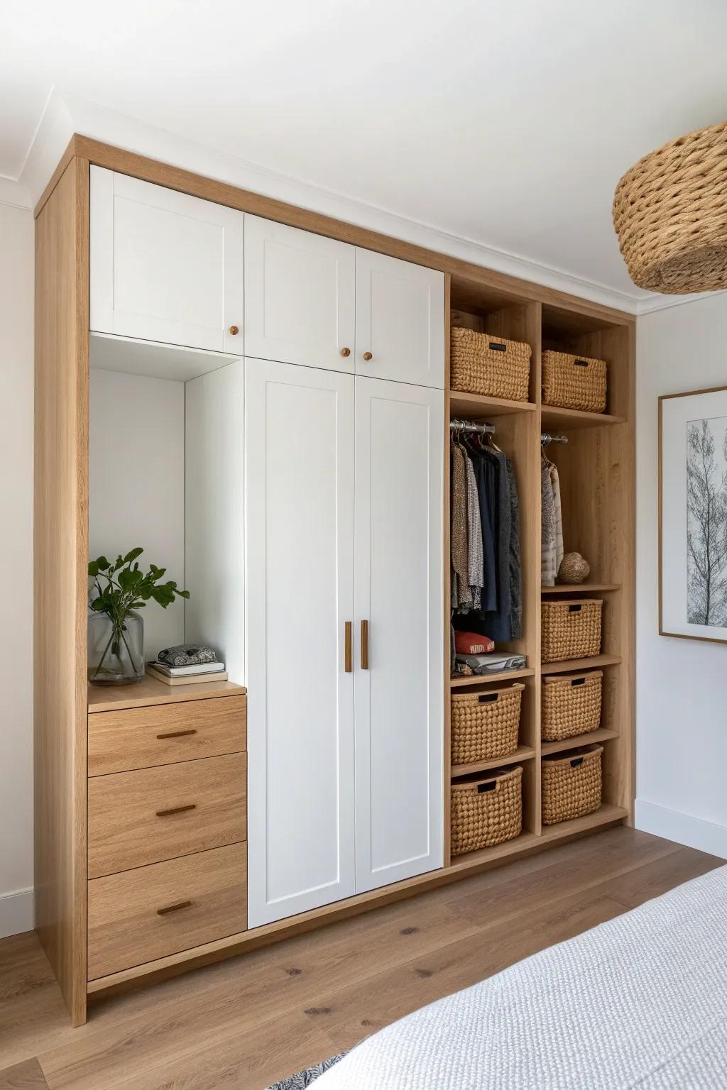 Floor-to-ceiling closet storage: closed cabinets up top + a breezy basket niche below.